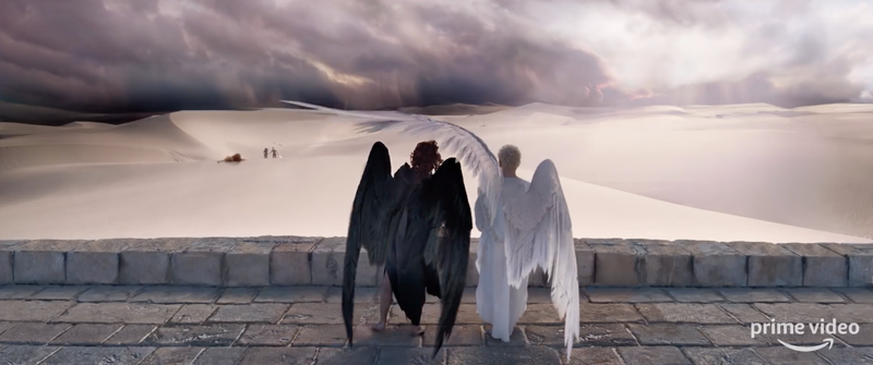 Aziraphale and Crowley watching Adam and Eve leave the Garden of Eden.